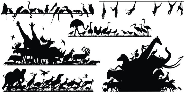 Set of editable vector animal outline foregrounds with each animal as a separate object