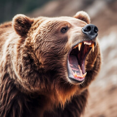Obraz premium Furious Brown Bear with Bared Teeth in the Wilderness, generative AI