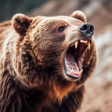 Furious Brown Bear with Bared Teeth in the Wilderness, generative AI