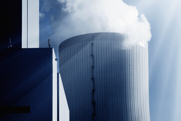 Cooling Tower and modern thermal power station. Power and fuel generation concept.