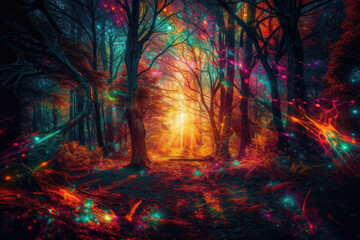Fototapeta premium Abstract forest full of vibrant colors and beautiful colors as an illustration. Generative AI.