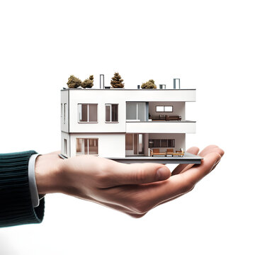 Ein Hausmodell in der Hand gehalten, Hauseigentum, Hausbesitz. Generative AI