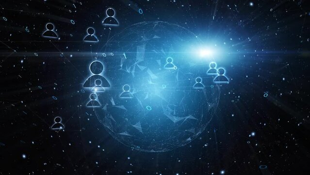 Digital tech sphere cyberspace with people icons and binary data animation. - Powered by Adobe