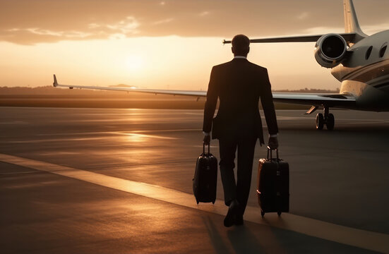Businessman in a suit boarding a small private plane at airport, businessman's business trip by airplane, financial concept. Generative AI.