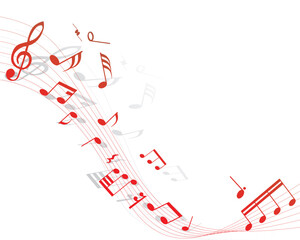 Fototapeta na wymiar Musical note staff on the red background