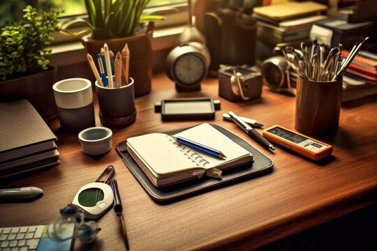 stock photo of office table in cubicle desk and stuff tools equipment  photography Generative AI