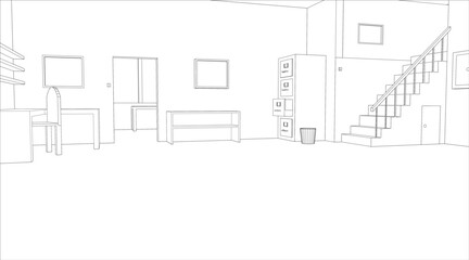 Editable vector outline sketch of an empty office interior