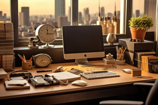 stock photo of office table in cubicle desk and stuff tools equipment  photography Generative AI