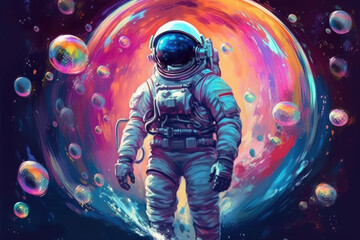 Obraz premium An astronaut in vibrant rainbow colors against a backdrop of a planet, creating a whimsical atmosphere. Generative Ai, Ai.