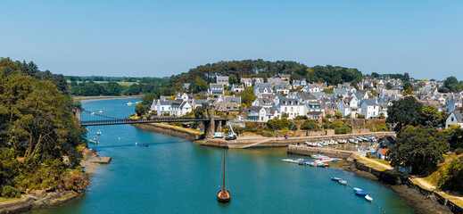 Panoramic view of Le Bono city, bridge and port- Brittany in France - obrazy, fototapety, plakaty