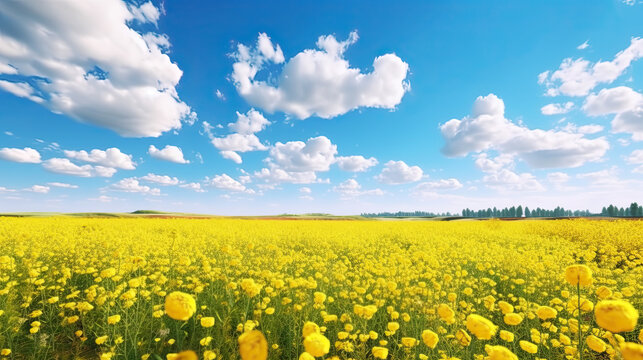 Summer Yellow Flowers in Grass Field Landscape Blue Sky White Clouds Panorama. AI generative