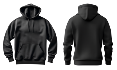 Set of Black front and back view tee hoodie hoody sweatshirt on transparent background cutout, PNG file. Mockup template for artwork graphic design