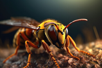 Zooming in on nature's fierce defenders, a close-up captures the intricate details of hornets in all their formidable glory. With their distinct yellow and black markings. Generative Ai, Ai. - obrazy, fototapety, plakaty
