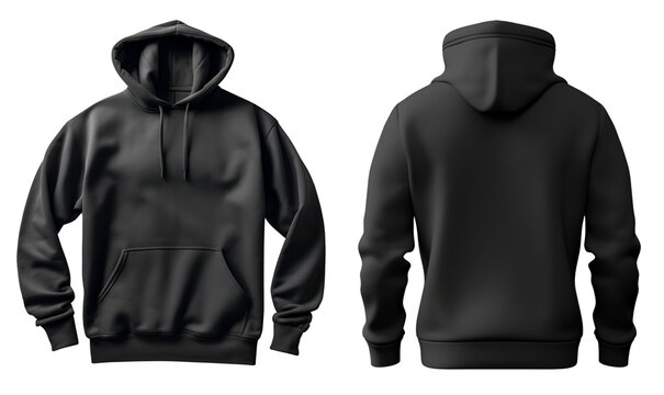 Set of Black front and back view tee hoodie hoody sweatshirt on transparent background cutout, PNG file. Mockup template for artwork graphic design