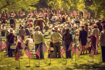 People sitting among USA flags during Memorial Day, honoring and remembering the fallen heroes. Generative AI, AI.