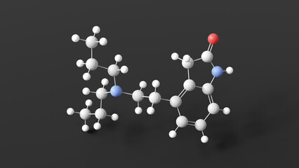 ropinirole molecule, molecular structure, antiparkinsonian agents, ball and stick 3d model, structural chemical formula with colored atoms
