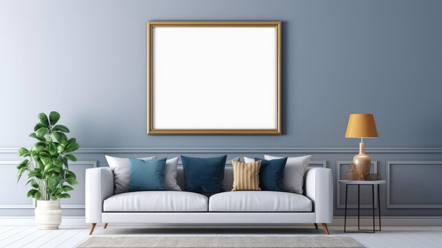 Empty picture frame hanging above a blue sofa in a living room Generative ai