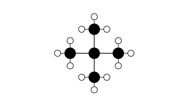 neopentane molecule, structural chemical formula, ball-and-stick model, isolated image alkane