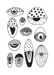 eye outline icons. abstract eyes. Open and closed eyes images, sleeping eye shapes with eyelash. Clip Art. Vector illustration.