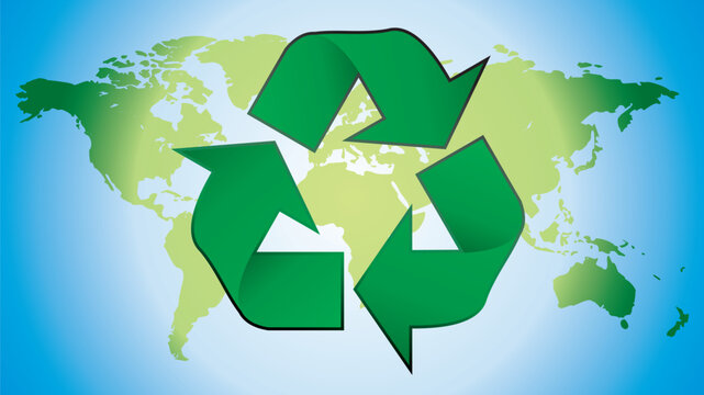 recycling symbol with world map in background