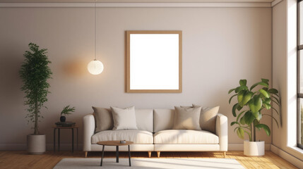 Fototapeta na wymiar Mock up picture frame on wall in modern boho interior living room. Generative ai