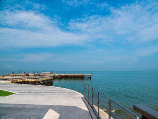 Panorama Khao Sam Muk Viewpoint landscape Blue sea and sky cloud blue background morning day look calm summer Nature tropical sea Beautiful ocen water travel Bangsaen Beachat thailand Chonburi horizon