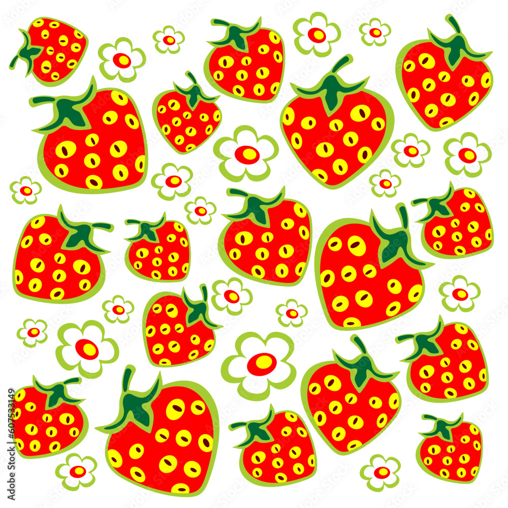 Wall mural Ornate strawberry and flowers isolated on a white background.