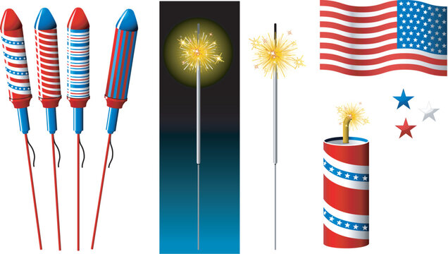 Vector Fireworks, sparkler and American flag