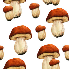 Seamless pattern with mushrooms. Botanical natural forest theme. Watercolor isolated illustration on transparent background. Hand drawn clip artfor postcards, posters, textile design and other