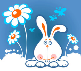 Cheerful cartoon rabbit and flowers on a white background.