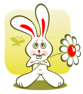 Cheerful cartoon rabbit with flower on a green background.