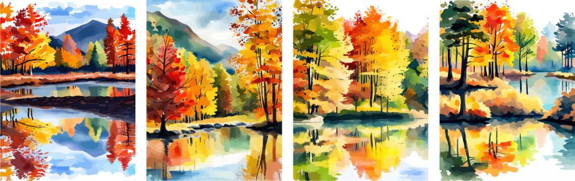 Watercolor landscape. Autumn forest on the lake shore illustration autumnal trees on the shore of calm forest lake or pond at sunny fall day