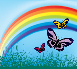 Fototapeta na wymiar flying butterflies against the backdrop of a rainbow (mesh and vector)