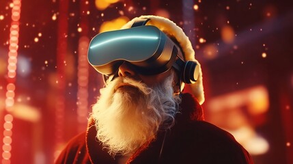 Santa Claus vr headset exploring metaverse world, bright boke background. Generative AI	