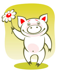 Cartoon happy piggy with flower on a green background.