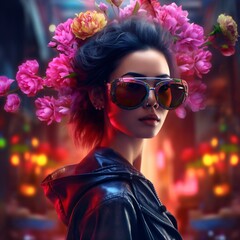 modern japanese woman with glasses and flowers, fictional person created with generative ai