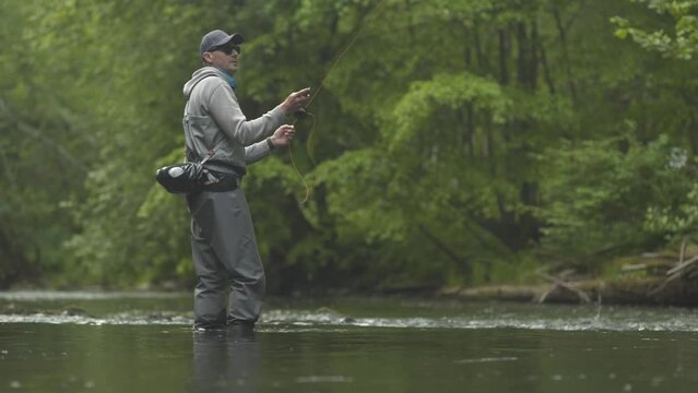 Fisherman catching brown trout on the fly standing in river.