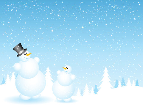 Happy father and son snowmen on snowy background