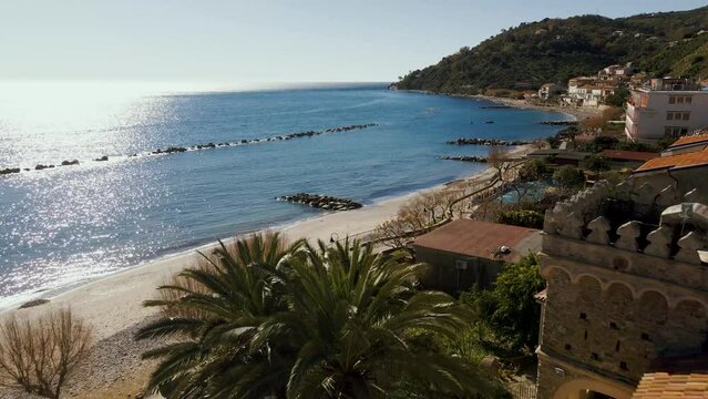 Aerial View of Pioppi, small marine town home of Ancel Keys' Mediterranean diet on Cilento Coast, Salerno, Campania, Italy