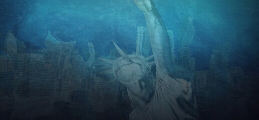 dystopian image that emulates the statue of liberty in New York submerged by the melting of the poles due to climate change