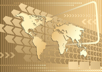 Fototapeta na wymiar Large gold world map on an abstract background, conceptual business illustration. The base map is from Central Intelligence Agency Web site.