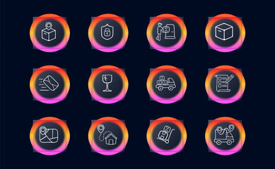 Set of vector icons representing delivery. Package, transportation, shipping, logistics, delivery truck, courier, parcel, box. Neomorphism style. Vector line icon for Business