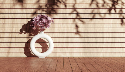Modern white vase with flower, wood table with space in sunlight, trees shadow on brown wood wallfor interior design decoration, product display background