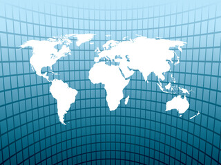 Large world map on an abstract blue background, conceptual business illustration. The base map is from Central Intelligence Agency Web site.