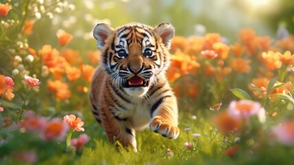 happy funny face cute little tiger playing in garden. Generative AI