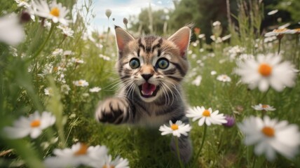 happy funny face cute little cat playing in garden. Generative AI