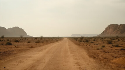 Landscape view of dusty road going far away nowhere, generative ai 