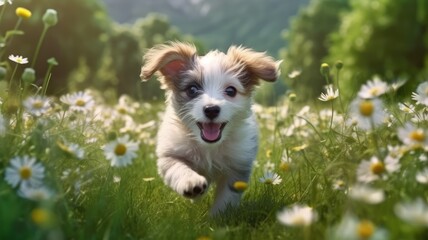 happy funny face cute puppy playing in garden - obrazy, fototapety, plakaty