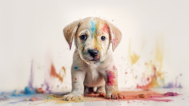 dirty puppy dog play colorful water. Generative AI