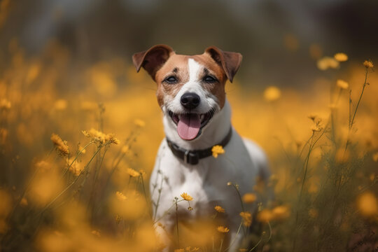 Happy Jack Russell terrier dog sitting in a flower field, generative ai 